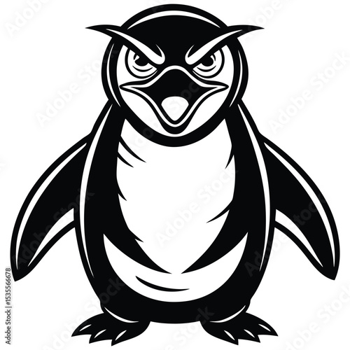 Black and white vector illustration of an angry penguin character with a bold silhouette