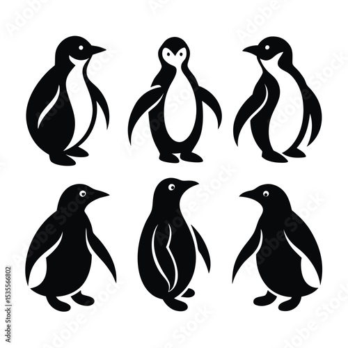 Black and white vector illustration of six cute penguin silhouettes in various poses