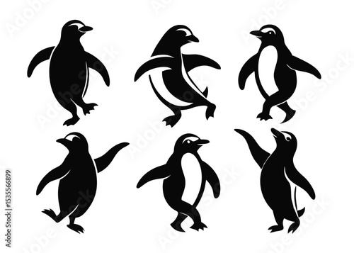 Black silhouette penguin designs in various poses on white background vector illustration