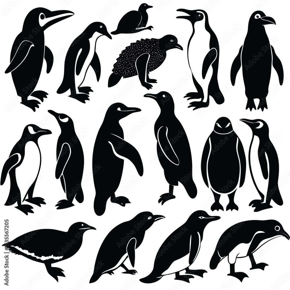 Naklejka premium Collection of various black and white penguin silhouettes for nature and wildlife designs