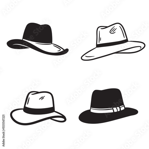 Vector illustration showcasing four distinct fedora hat silhouettes in a minimalist black and white style for creative design concepts