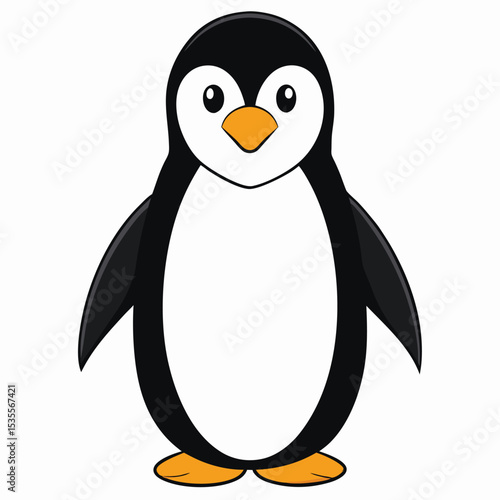 Cute cartoon penguin standing upright with black and white body orange beak and feet