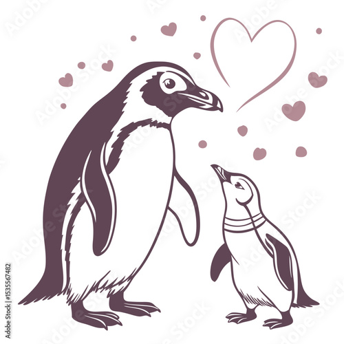 Cute penguin mom and baby with hearts a loving and tender illustration design