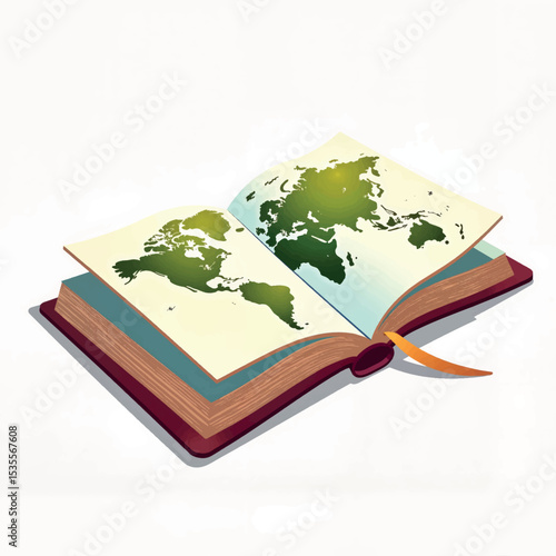 Open geography workbook with world map illustration, educational resource