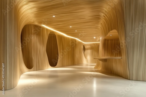 Modern wooden hallway with organic curves and recessed lighting