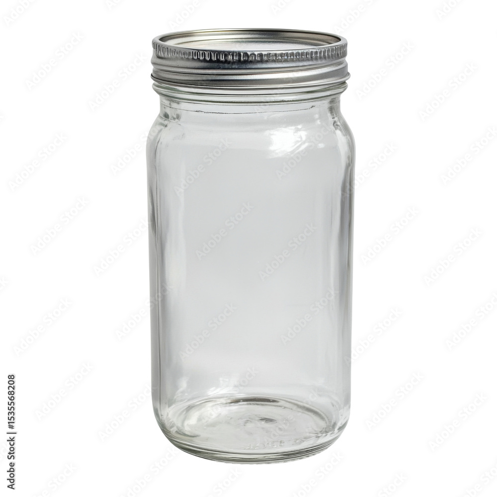 Empty glass jar with metal lid, ideal for storage or preservation. This versatile container can be used for canning, organizing, or crafting projects Empty glass jar with metal lid, ideal for storage or preservation. This versatile container can be used for canning, organizing, or crafting projects