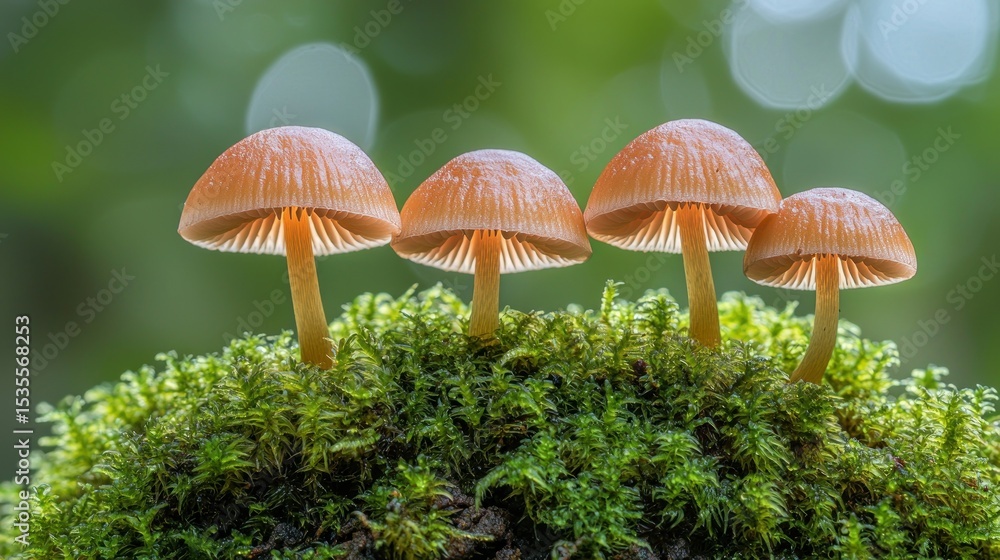Fototapeta premium Four small, light-orange mushrooms atop a bed of moss, with a soft, out-of-focus green forest background
