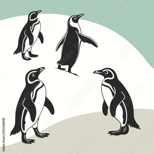 Four stylized black and white penguin illustrations standing on ice in minimalist aesthetic