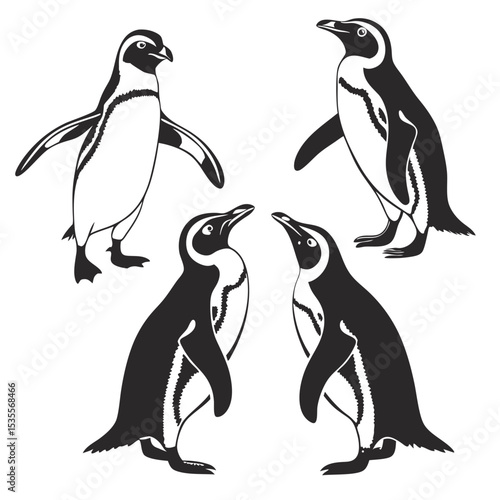 Four silhouetted penguins in various poses against a white background for design elements
