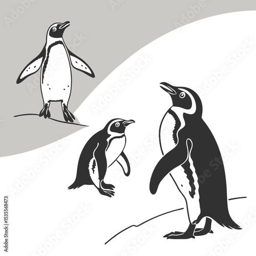 Graphic illustration of three penguins in different poses with clean minimalist style