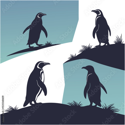 Illustrated silhouette penguins on grassy hills in a serene blue and white landscape
