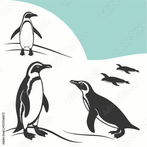 Illustration of penguin silhouettes depicting various poses on a white background with blue