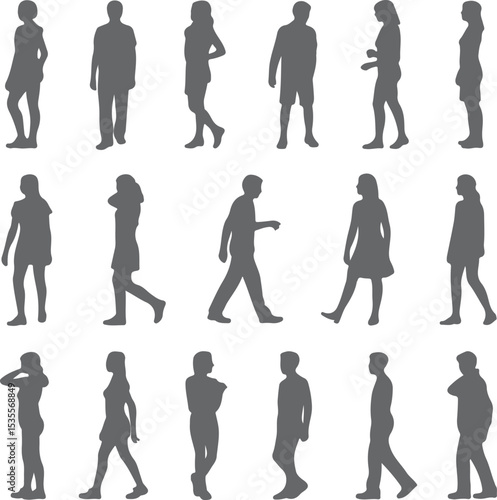 Collection of Gray Human Silhouettes Various Poses Standing Walking Men Women Different Views Simple Graphic Design Elements