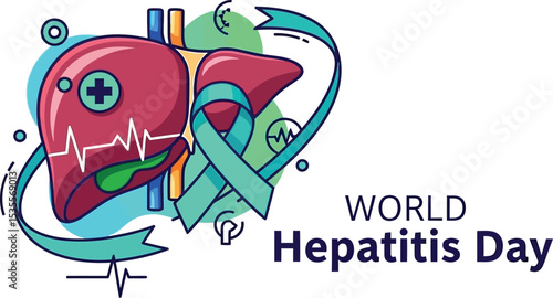 Illustration of a liver with a ribbon and heartbeat line for world hepatitis day celebration event