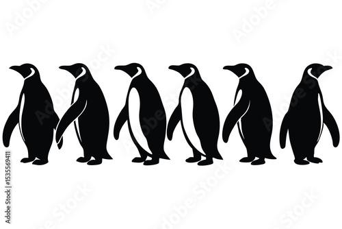 Silhouette illustration of a group of six penguins standing in a row on a white background