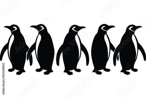 Silhouette of five penguins in a row facing left on a clean white background