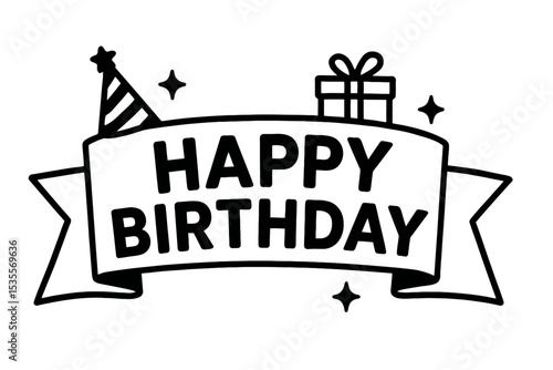 Festive Happy Birthday Banner with Party Hat and Gift Icon Vector - Celebration Design for Joyful Occasions