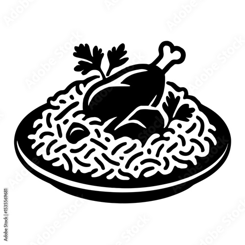 Delicious Chicken Biryani Plate Icon Vector - Traditional Pakistani and Indian Rice Dish with Leg Piece and Herbs
