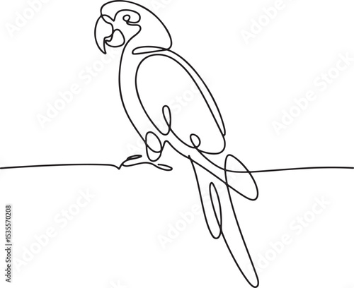 continuous line drawing of a parrot perched in side profile with long tail and curved beak on white background