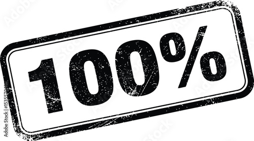 A black and white image displaying a hundred percent symbol in a distressed rectangular stamp design