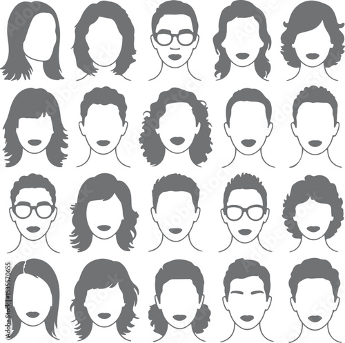 Collection of Gray Faceless Head Silhouettes Diverse Hairstyles Men Women vector