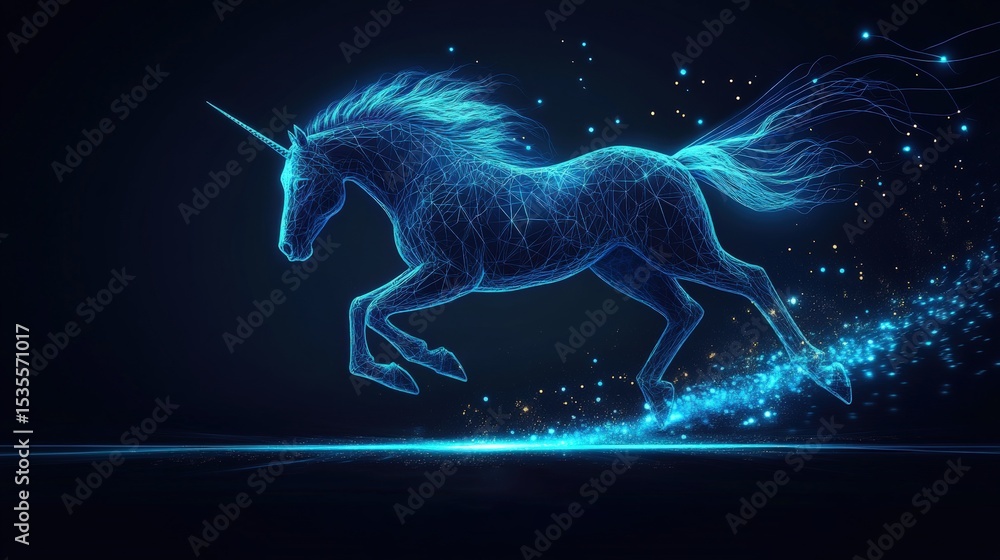 Fototapeta premium Glowing neon wireframe unicorn running through dark blue background 