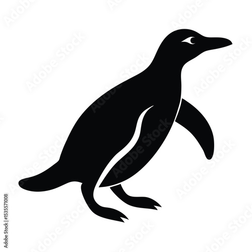 Simple black and white silhouette of a penguin standing isolated on white background