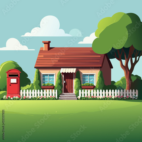 Charming cottage house with red postbox and garden