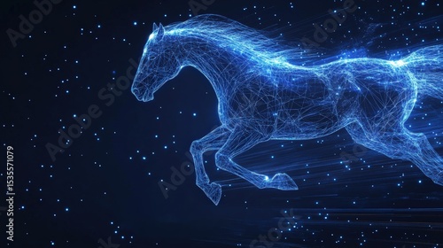 Glowing neon wireframe horse running through dark blue space  