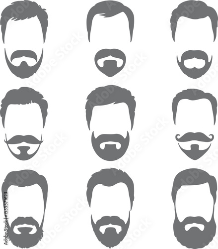 Nine Gray Silhouettes of Men with Varied Hairstyles and Beard Styles Including Mustaches Goatees and Full Beards