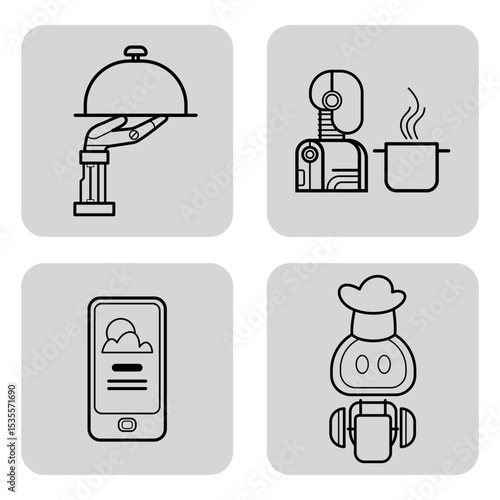 Set of line icons representing kitchen and service themes. Including robotic hand serving food, cooking robot, smartphone with weather app, and chef robot character