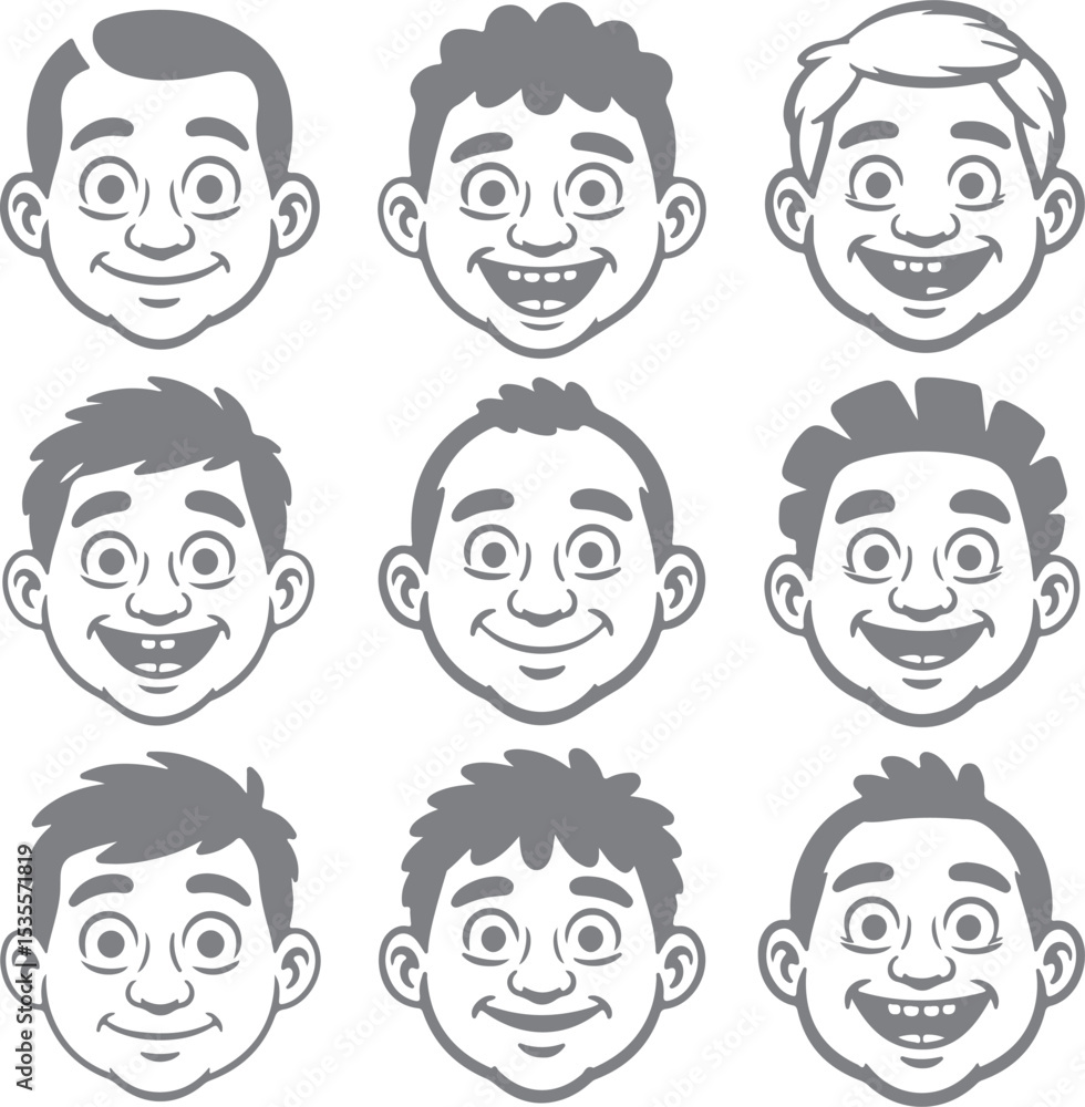 Nine Grey Silhouette Cartoon Boy Faces Smiling Expressions Various Hairstyles Headshots Set Nine Grey Silhouette Cartoon Boy Faces Smiling Expressions Various Hairstyles Headshots Set