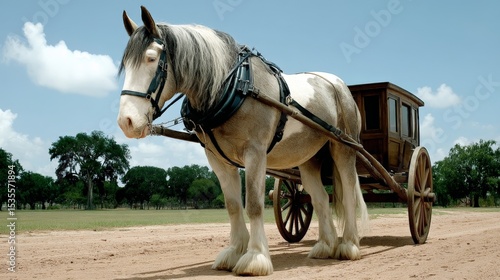 A white horse with a harness pulling a wooden cart on a dirt road under a blue sky