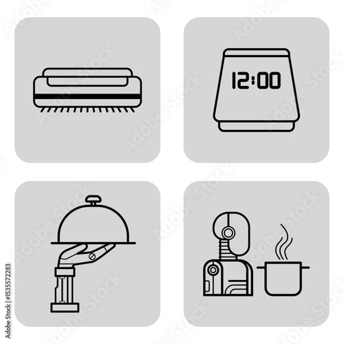 Collection of line icons depicting various home appliances and technology. Included vacuum cleaner, clock, serving tray, and robotic chef with cooking pot