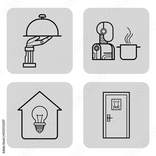 Set of four line icons depicting home automation and cooking activities. Robotic hand serving dish, cooking robot, light bulb in house, and door with sign