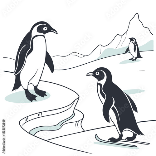 Stylized illustration of playful penguins in an arctic landscape with skiing and snow