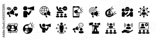 Megaphone influence icon vector set. Contains social media, leadership, influencer, advertising, communication, digital marketing target, campaign, content, brand awareness. Illustration