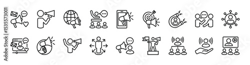 Megaphone influence icon set. Contains social media, leadership, influencer, advertising, communication, digital marketing target, campaign, content, brand awareness. Vector illustration