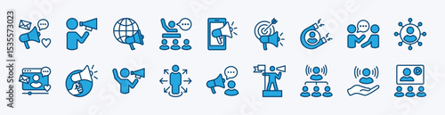 Set of megaphone influence icon. Contains social media, leadership, influencer, advertising, communication, digital marketing target, campaign, content, brand awareness. Vector illustration
