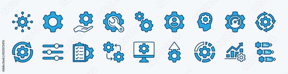 Set of gear setting and setup icon vector. Contains configuration, option, operation, optimization, engineering, equalizer, customization, repair, cogwheel, maintenance, system, panel, update Set of gear setting and setup icon vector. Contains configuration, option, operation, optimization, engineering, equalizer, customization, repair, cogwheel, maintenance, system, panel, update