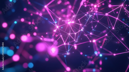 Abstract network background with glowing nodes and connections in pink and blue. Represents concepts like data, technology, science, and future trends.