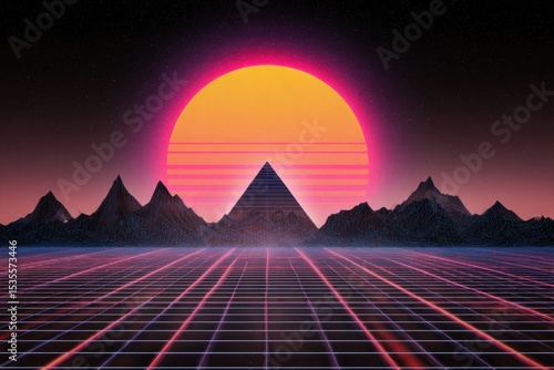 Premium photo of 80s synthwave background with dark mountains and a glowing neon grid, a pink sun in the sky with a pyramid shape on top, a retro wave aesthetic.