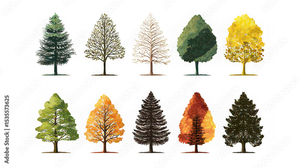 Fototapeta premium Various tree types with seasonal foliage isolated transparency