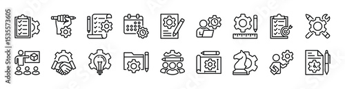 Project management icon set. Clipboard task checklist document. Strategy, idea, development, time, plan, schedule, cooperation, target, blueprint, creativity, meeting. Vector illustration
