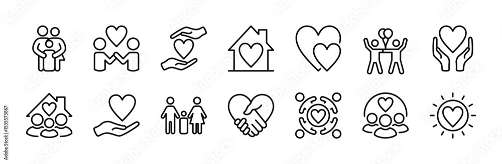 Family care and support icon vector set. Contains love, household, mother, father, children, friendship, togetherness, happy, handshake, hug, solidarity, human relationships, volunteer. Illustration Family care and support icon vector set. Contains love, household, mother, father, children, friendship, togetherness, happy, handshake, hug, solidarity, human relationships, volunteer. Illustration