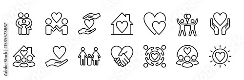 Family care and support icon vector set. Contains love, household, mother, father, children, friendship, togetherness, happy, handshake, hug, solidarity, human relationships, volunteer. Illustration