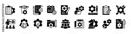Project management icon vector set. Clipboard task checklist document. Strategy, idea, development, time, plan, schedule, cooperation, target, blueprint, creativity, meeting. Illustration