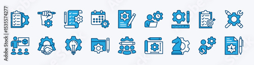 Set of project management icon vector. Clipboard task checklist document. Strategy, idea, development, time, plan, schedule, cooperation, target, blueprint, creativity, meeting. Illustration