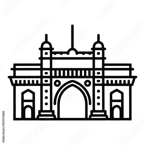 Mumbai Gateway of India, Vector, Illustration, Icon, Outline, Line Art, Silhouette, Logo, White Background.