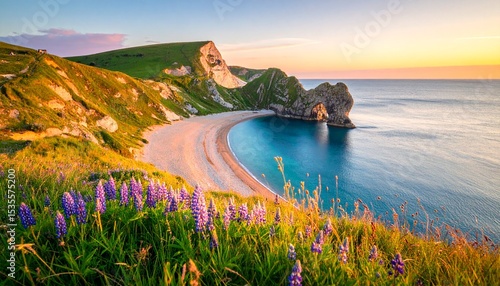 colorful summer panorama on Durdle Door beach england